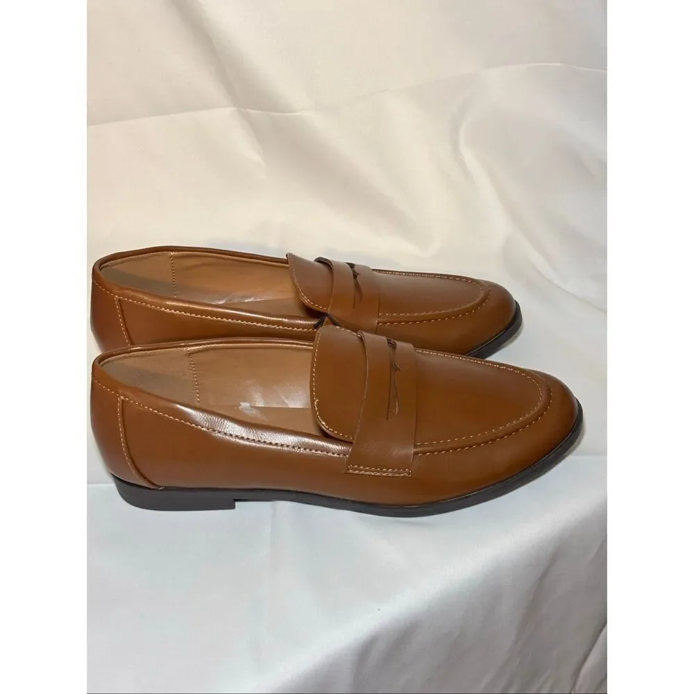 Kensie Penny Loafer Gitty Slip-on Driver Shoes Faux Smooth Leather Cognac